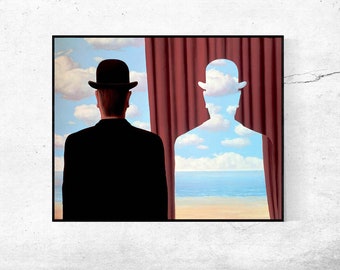 May include: A painting of a man in a black suit and bowler hat standing in front of a window with red curtains. The man is looking out the window at a seascape with clouds. The man's reflection is visible in the window, but his head is replaced with the clouds and sky.