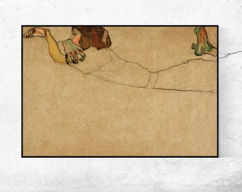 girl reclining on STOMACH-Egon Schiele,Home Decor,Housewarming Gift,Expressionism,Vintage masterpiece Artwork,giclee print in various sizes