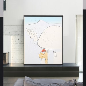 Puede incluir: Un dibujo minimalista de líneas de una persona con un sombrero rojo de pie debajo de una gran estructura en forma de hongo. El dibujo está en blanco y negro con un fondo azul claro. Hay varias estructuras más pequeñas en forma de hongo en el fondo.