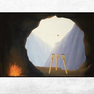May include: Surrealist painting showing a cave opening onto a mountain landscape. A blank canvas on a wooden easel stands in the cave. A small fire burns to the left. The sky is bright.