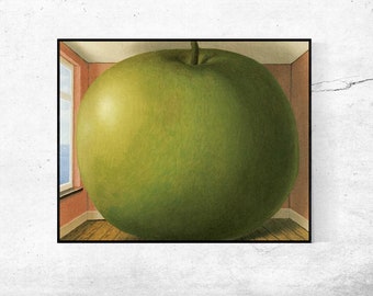 May include: A large green apple fills a room with pink walls and a window with a view of the ocean. The apple is so large that it takes up most of the space in the room.