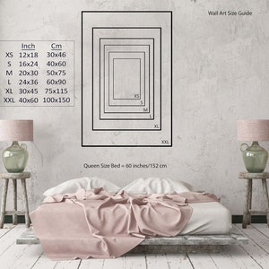 May include: A guide to wall art sizes for a queen-sized bed, which is 60 inches or 152 centimeters wide. The guide shows different sizes of wall art in inches and centimeters, with the largest size being 40x60 inches or 100x150 centimeters.