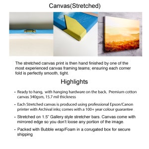 May include: A stretched canvas print with a colorful landscape scene. The canvas is ready to hang with hanging hardware on the back. It is made with premium cotton canvas, 340gsm, 15.7 mil thickness. The canvas is stretched on 1.5 inch gallery style stretcher bars and comes with a mirrored edge. It is packaged with bubble wrap and foam in a corrugated box for secure shipping.