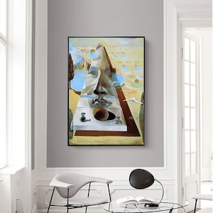 Puede incluir: Una pintura surrealista de una cara con los ojos cerrados, una nariz y una boca, sobre un fondo de paisaje con piscinas de agua azules y un cielo amarillo.