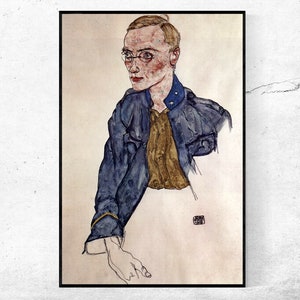May include: A framed watercolour portrait of a person wearing glasses and a blue jacket with gold trim. The artwork features a muted colour palette with shades of blue, brown, and red. The person's gaze is directed to the side.