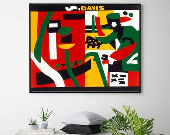 Puede incluir: Impresión de arte abstracto con un diseño geométrico colorido con formas rojas, amarillas, verdes y negras. El texto "S. DAVIS" y "STYLE" es visible en la impresión.