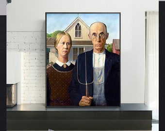 May include: Framed print of the iconic "American Gothic" painting. The artwork features a man and woman standing in front of a white house with a gothic window. The man holds a pitchfork, and both figures have serious expressions.
