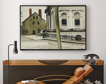 May include: A framed watercolor painting of a street scene featuring two buildings. The painting depicts a two-story building with text and a building with columns. The painting is displayed above a brown cabinet.