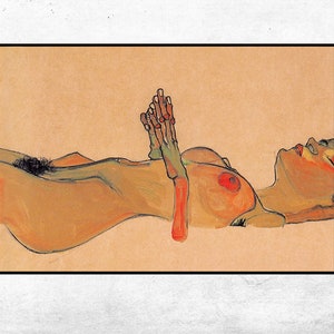 May include: A nude figure painting in a reclining pose with hands clasped together. The figure is painted in shades of orange, red, and green on a light brown background.