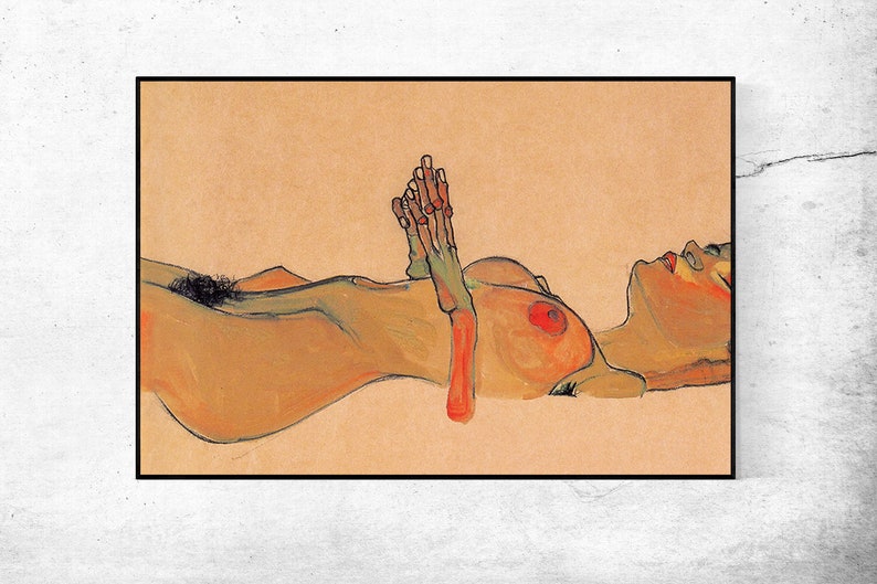 May include: A nude figure painting in a reclining pose with hands clasped together. The figure is painted in shades of orange, red, and green on a light brown background.