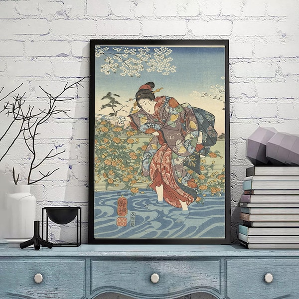 De Ide Tama rivier in de provincie Yamashiro-Utagawa Kuniyoshi,asian woodblock prints art,Japanese Wall Art,giclee print in various sizes