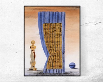 May include: A surrealist painting featuring a blue curtain with a musical score pattern, a wooden figure with a human face, and a blue sphere on a light brown background.