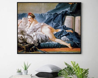 May include: A painting of a woman reclining on a bed with blue and white linens. She is wearing a white gown and has a red flower in her hair.