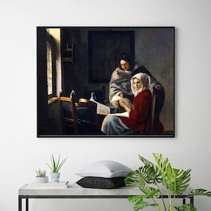 Meisje onderbroken bij haar muziek-reproductie van een klassiek schilderij, antieke kunst print, kantoor aan huis decor, vintage kunst aan de muur, museum kunst, meesterwerk