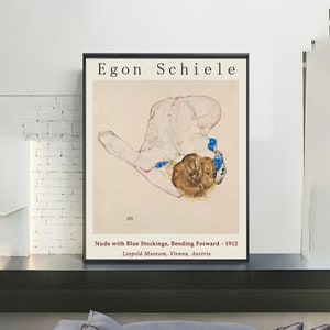 Egon Schiele Poster-Nude with Blue Stockings, Bending Forward ,Exhibition poster,wall decor,Home office decor,giclee print in various sizes