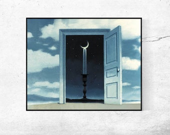 May include: A surreal painting of a door opening to reveal a night sky with a crescent moon and stars. A candle sits in a candlestick, with the moon's crescent forming the flame.