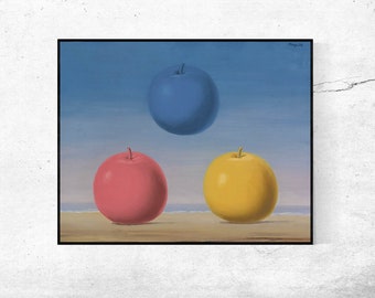 May include: A painting of three apples, one blue, one red, and one yellow, against a blue sky background.