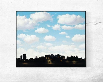 May include: A painting of a town at night with a bright blue sky and fluffy white clouds. The town is silhouetted against the sky, with only the windows of the houses lit up.