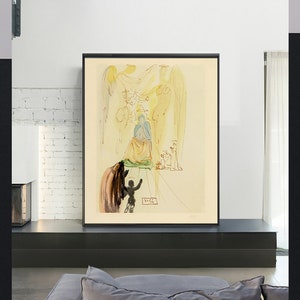 May include: A framed print of a watercolor painting by Salvador Dalí depicting a scene with a winged figure, a seated figure, and a small figure in the foreground. The painting is in shades of yellow, orange, and blue.