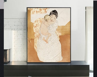 Moederlijke streling door Mary Cassatt, reproductie van een klassiek schilderij, antieke kunstprint, kantoorinrichting, vintage muurkunst, museumkunst, meesterwerk