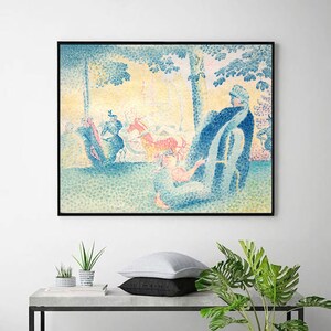 以下が含まれることがあります： 公園のシーンを描いた点描画の額入りアートプリント。人物、木、馬が描かれています。青、緑、黄、ピンクの色使いで、黒いフレームが特徴です。ジョルジュ・スーラの作品を彷彿とさせるスタイルです。