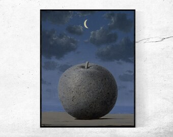 May include: A painting of a large, gray apple on a beach with a crescent moon in the sky. The apple is textured and appears to be made of stone.