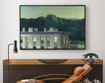 May include: A painting of a building with lit windows at night. The building is set against a backdrop of dark green trees and a hill with a path leading up to it.
