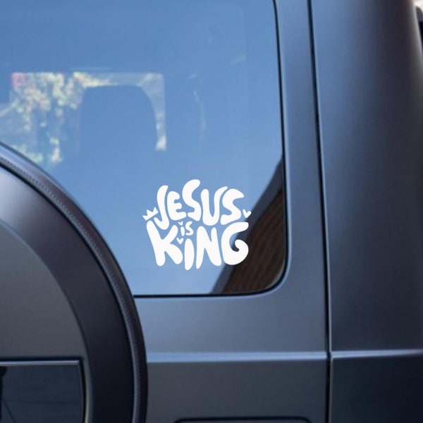 Jesus Is King - Christian Jesus Cross Bible Verse Car Vinyl Decal Bumper Sticker for Car, Wall, Window, Vehicle, Weather Resistant, Wavy