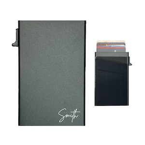 Tarjetero desplegable personalizado y elegante: delgado, con bloqueo RFID, acceso rápido, minimalista para hombre, regalo para él.