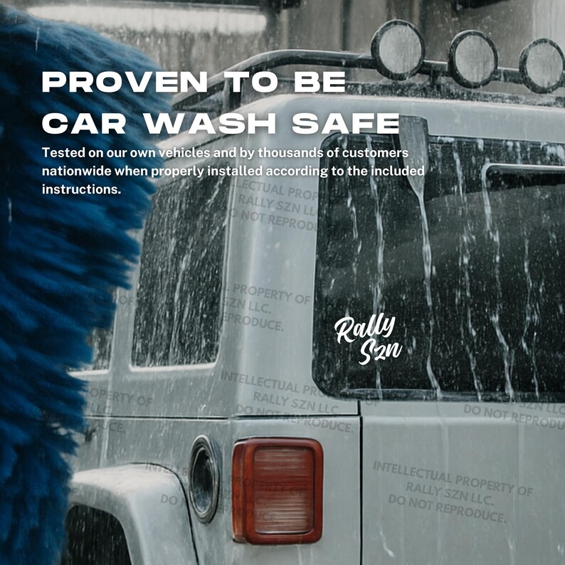 a car wash with a blue brush, and there is text that says "Proven to be Car Wash Safe" and "Tested on our own vehicles and by thousands of customers when properly installed according to the included instructions."