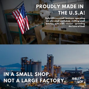 two pictures of a factory and an american flag