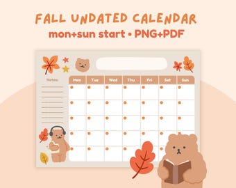 Calendario digital sin fecha de Autumn Bear / Plantilla de horario mensual de hojas de otoño kawaii, diario de estudio Goodnotes, descarga en formato PDF, neutral, imprimible