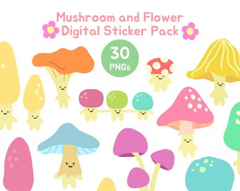 Paquete de pegatinas digitales de flores de hongo / PNG recortados transparentes, estéticamente agradables y lindos, imágenes prediseñadas de plantas de la naturaleza kawaii / bearboxdigital