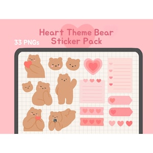 Cute Heart Bear Digital Sticker Pack | Transparent Pre-cropped PNGs for Aesthetic Pink Planner, Kawaii Goodnotes Journal | bearboxdigital
