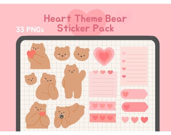 Lindo paquete de pegatinas digitales con forma de corazón de oso / PNG transparentes precortados para planificador estético rosa, diario Kawaii Goodnotes / bearboxdigital