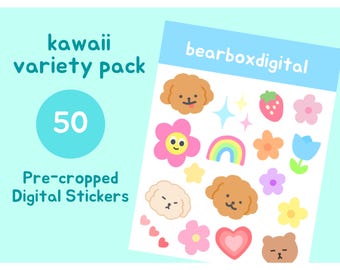 Paquete variado de pegatinas digitales kawaii / Lindo planificador de arcoíris Clipart para Bullet Journaling, Flower Power PNGs, Goodnotes Bear / bearboxdigital