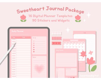 Plantilla de planificador con forma de corazón rosa y pegatinas / Diario imprimible digitalmente, Rastreador de hábitos de Goodnotes, Widgets de cinta washi kawaii / bearboxdigital