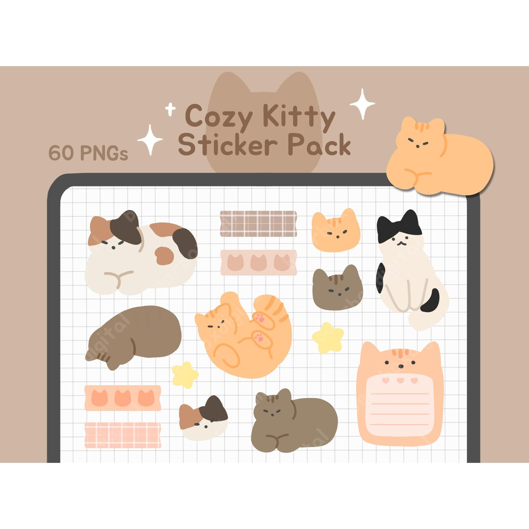 Cozy Kitty Sticker Pack | Kawaii Cat Digital Pngs, Aesthetic Goodnotes ...