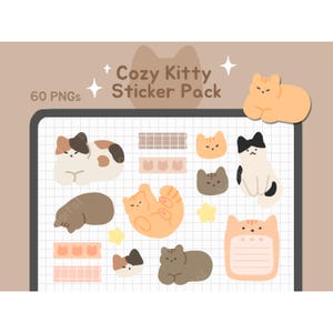 Cozy Kitty Sticker Pack | Kawaii Cat Digital PNGs, Aesthetic Goodnotes Washi Tapes, Neutral Planner Clipart Journal Icons | bearboxdigital