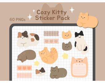 Paquete de pegatinas de gatitos acogedores / PNG digitales de gatos kawaii, cintas washi estéticas de Goodnotes, íconos de diario de imágenes prediseñadas de planificador neutral / bearboxdigital