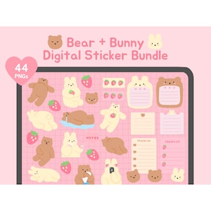 Lot d'autocollants numériques mignons ours et lapin | Transparent pré-recadré pour un journal esthétique, notes kawaii, agenda, clipart | boîte à ours numérique
