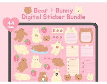 Lindo paquete de pegatinas digitales de oso y conejito / transparentes precortadas para diario estético, notas kawaii, planificador, imágenes prediseñadas / bearboxdigital