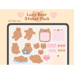 Cute Lazy Bear Digital Sticker Pack | Transparent Pre-cropped PNGs for Aesthetically Pleasing Journal, Kawaii Note, Planner | bearboxdigital
