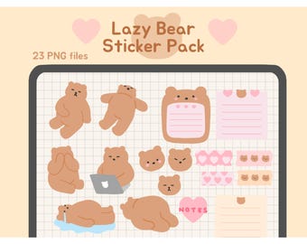 Lindo paquete de calcomanías digitales de oso perezoso / PNG transparentes precortados para diarios estéticamente agradables, notas kawaii, agendas / bearboxdigital