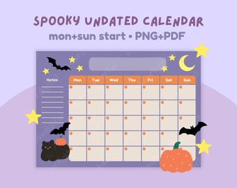 Plantilla de calendario espeluznante sin fecha / Calendario de gato negro kawaii, lindo papel mensual en blanco, planificador de brujas en PDF, otoño imprimible para Halloween