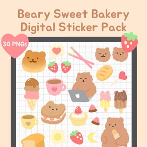 Bear Bakery Digital Sticker Pack | Transparent Pre-Cropped PNGs, Cute Goodnotes Journal, Kawaii Aesthetic 2024 Planner | bearboxdigital