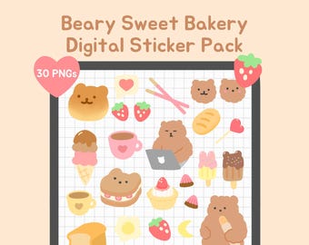 Paquete de pegatinas digitales de Bear Bakery / PNG transparentes precortados, lindo diario Goodnotes, planificador estético kawaii 2024 / bearboxdigital