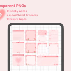 May include: A digital planner with 14 pink sticky notes, 2 mood/habit trackers, and 13 washi tapes. The planner has a grid background and features a pink heart design.