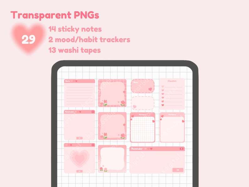 May include: A digital planner with 14 pink sticky notes, 2 mood/habit trackers, and 13 washi tapes. The planner has a grid background and features a pink heart design.