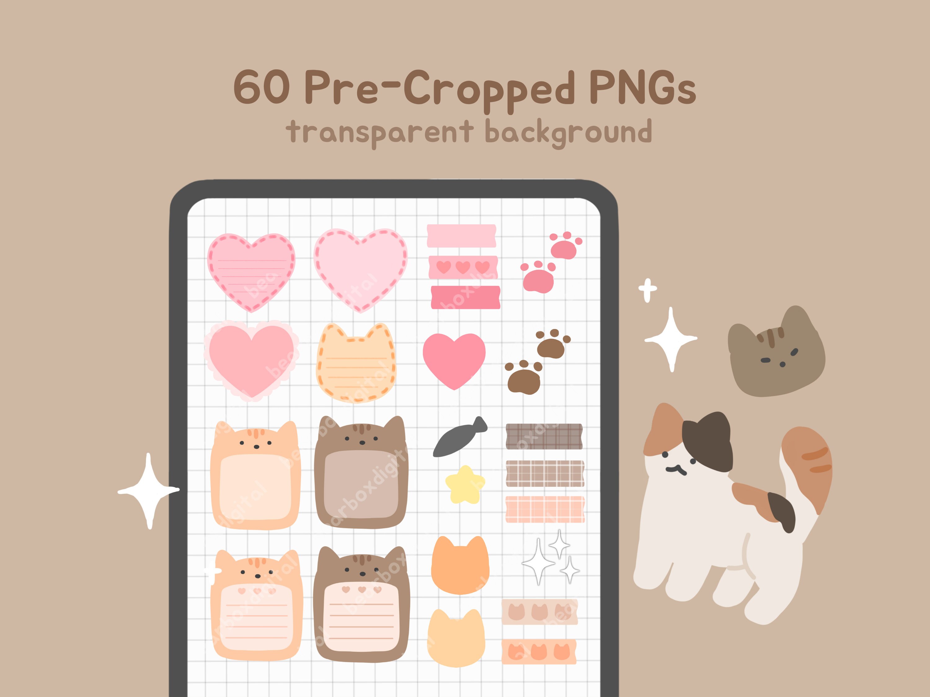 Cozy Kitty Sticker Pack | Kawaii Cat Digital Pngs, Aesthetic Goodnotes ...